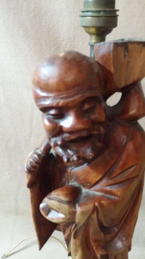 SOLID WOODEN CARVED STATUE ORIENTAL LAMP