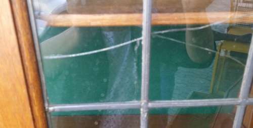 WOODEN LEAD GLASS LIBRARY CUPBOARD  /  BUYER MUST COLLECT  JHB