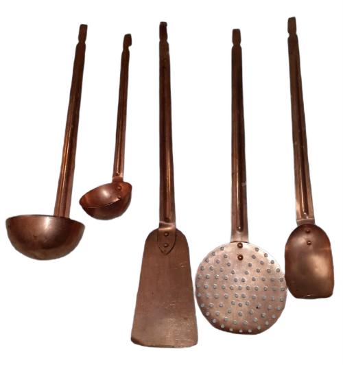 FIVE COPPER LADDLES UTENCILS