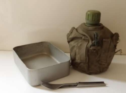 Vintage army water bottle in pouch ,  pan and fork knife