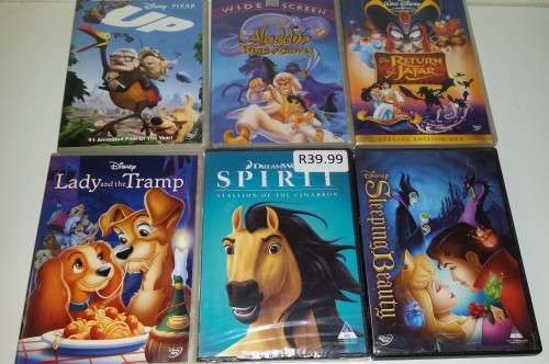Six DVD  AnimateD Movies  Up , Sleeping beauty , Alladin  , Return to jafta , Spirit , Lady and the