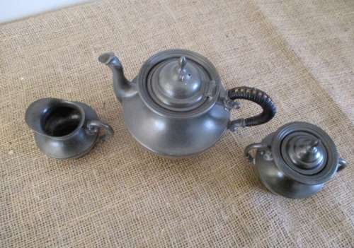Vintage Trio Set Coffee/Tea Pot, Sugar & Creamer  C Kurz & Co Tiel  Holland  Etain Pur  Pure Pewter