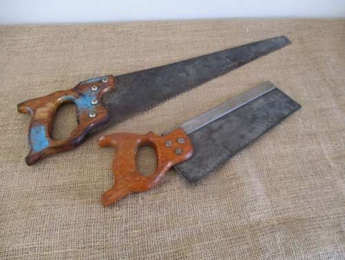Nice Couple !! Two Vintage Wooden Handsaws With Wooden Handles  One Large Handsaw & One Back Handsaw