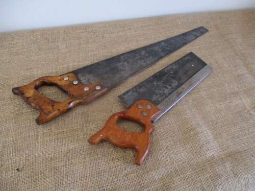 Nice Couple !! Two Vintage Wooden Handsaws With Wooden Handles  One Large Handsaw & One Back Handsaw