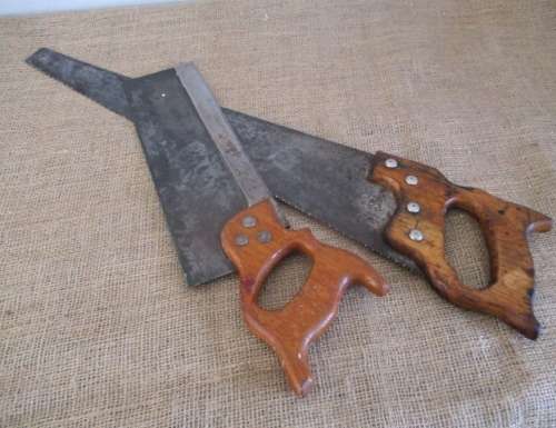 Nice Couple !! Two Vintage Wooden Handsaws With Wooden Handles  One Large Handsaw & One Back Handsaw