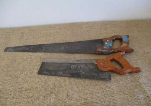 Nice Couple !! Two Vintage Wooden Handsaws With Wooden Handles  One Large Handsaw & One Back Handsaw