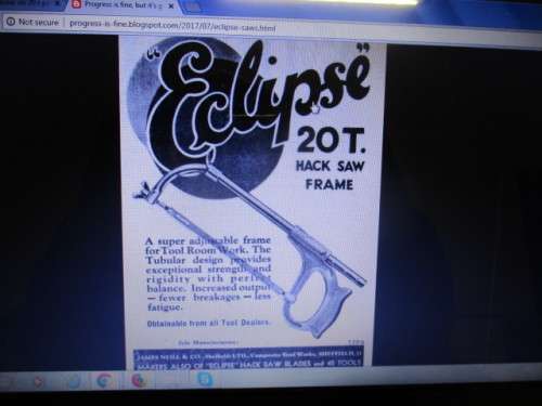 Vintage Eclipse Tubular No 20 T. Pattern Hacksaw  Introduced 1924  Made In England