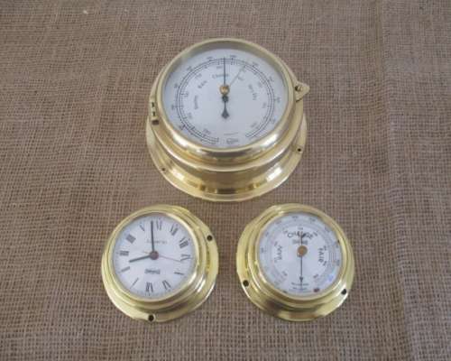 The Magnificent Brass Trio !!! Two Brass Weather Barometers And One Battery Operated Clock