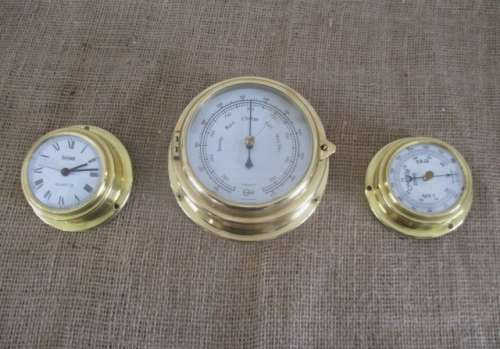 The Magnificent Brass Trio !!! Two Brass Weather Barometers And One Battery Operated Clock
