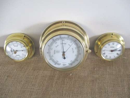 The Magnificent Brass Trio !!! Two Brass Weather Barometers And One Battery Operated Clock