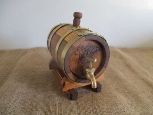 An Awesome Vintage Solid Oak Wine Barrel With Brass Tap, Brass Straps And Stand
