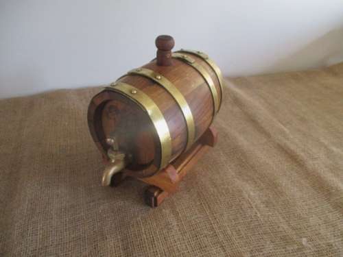 An Awesome Vintage Solid Oak Wine Barrel With Brass Tap, Brass Straps And Stand
