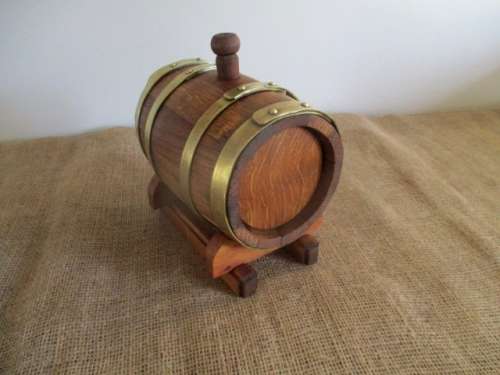 An Awesome Vintage Solid Oak Wine Barrel With Brass Tap, Brass Straps And Stand