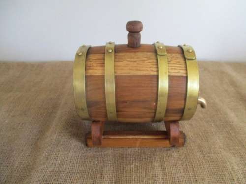 An Awesome Vintage Solid Oak Wine Barrel With Brass Tap, Brass Straps And Stand
