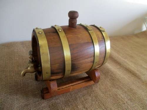 An Awesome Vintage Solid Oak Wine Barrel With Brass Tap, Brass Straps And Stand