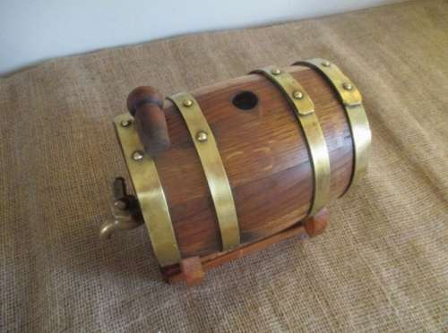 An Awesome Vintage Solid Oak Wine Barrel With Brass Tap, Brass Straps And Stand