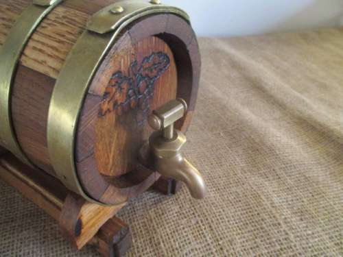 An Awesome Vintage Solid Oak Wine Barrel With Brass Tap, Brass Straps And Stand