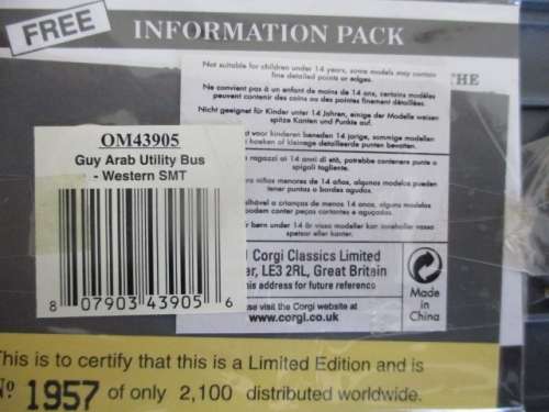 Limited Edition..No 1957 Corgi Die-Cast Guy Arab Utility Bus   Only 2100 Distributed Worldwide   MIB