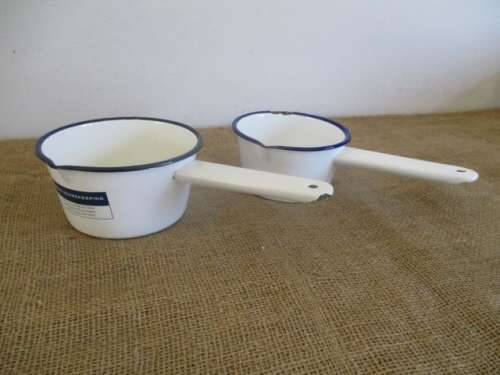 Lovely Pair Vintage Old Fashioned Enamel Blue Trim Sauce Pans With Handles