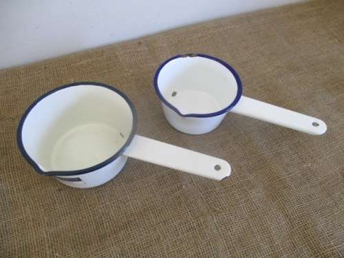 Lovely Pair Vintage Old Fashioned Enamel Blue Trim Sauce Pans With Handles