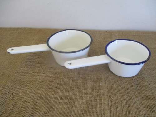 Lovely Pair Vintage Old Fashioned Enamel Blue Trim Sauce Pans With Handles