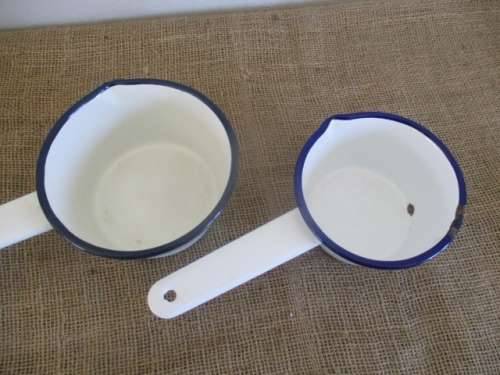 Lovely Pair Vintage Old Fashioned Enamel Blue Trim Sauce Pans With Handles