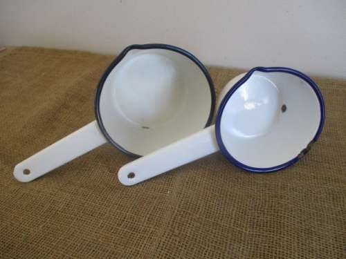 Lovely Pair Vintage Old Fashioned Enamel Blue Trim Sauce Pans With Handles