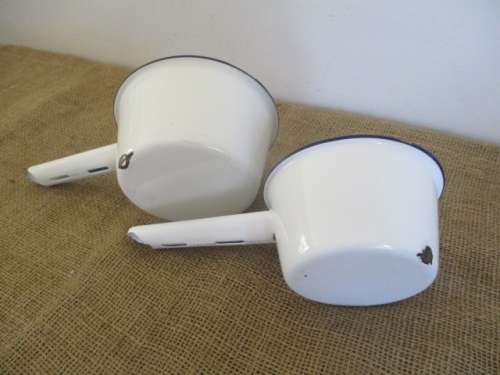 Lovely Pair Vintage Old Fashioned Enamel Blue Trim Sauce Pans With Handles