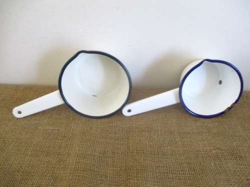 Lovely Pair Vintage Old Fashioned Enamel Blue Trim Sauce Pans With Handles