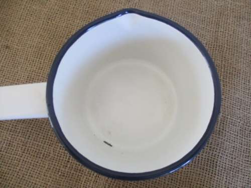 Lovely Pair Vintage Old Fashioned Enamel Blue Trim Sauce Pans With Handles