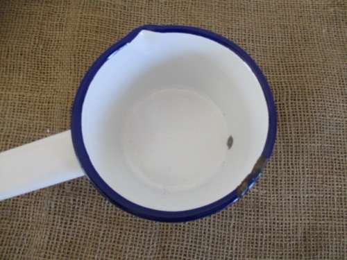 Lovely Pair Vintage Old Fashioned Enamel Blue Trim Sauce Pans With Handles