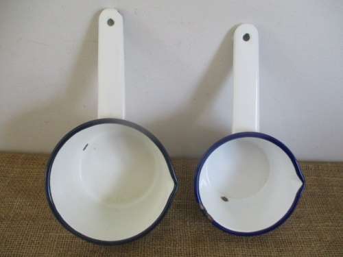Lovely Pair Vintage Old Fashioned Enamel Blue Trim Sauce Pans With Handles