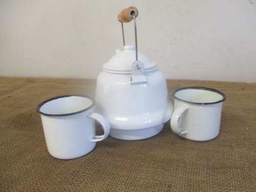 Lovely Old Fashioned Enamel Coffee Kettle With Two Enamel Mugs