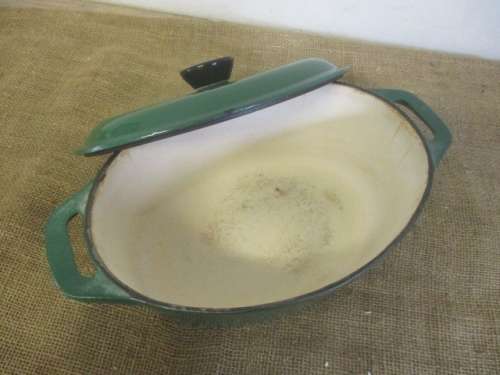 Beautiful Large Green Enamel Cast Iron Oval Casserole