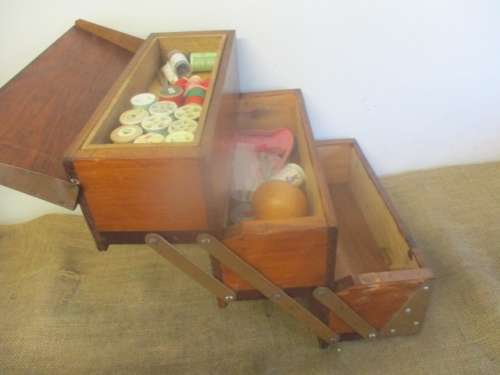 Lovely Vintage Wooden Wall Mount Sewing Box With Some Sewing Goodies