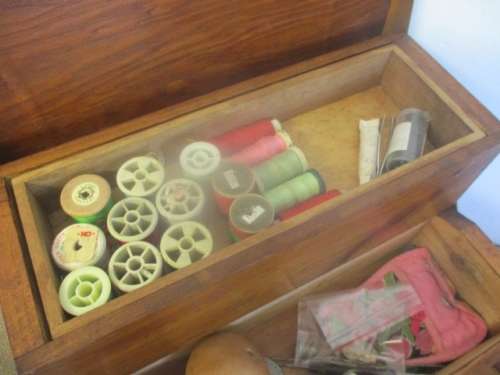 Lovely Vintage Wooden Wall Mount Sewing Box With Some Sewing Goodies