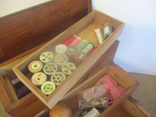 Lovely Vintage Wooden Wall Mount Sewing Box With Some Sewing Goodies