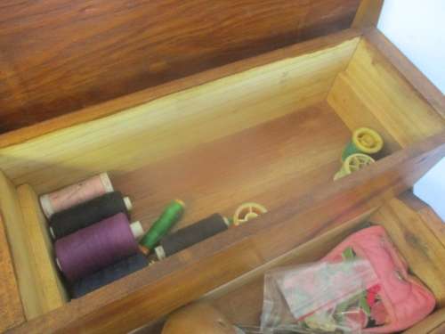 Lovely Vintage Wooden Wall Mount Sewing Box With Some Sewing Goodies