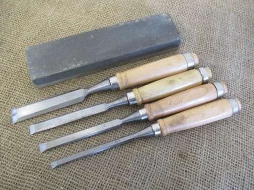 For BenBoo Bid Only - Nice Set Of Four Carpenter Woodworking Chisels Together With An Oilstone