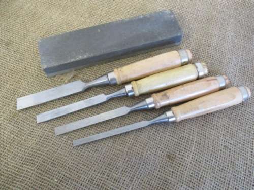 For BenBoo Bid Only - Nice Set Of Four Carpenter Woodworking Chisels Together With An Oilstone