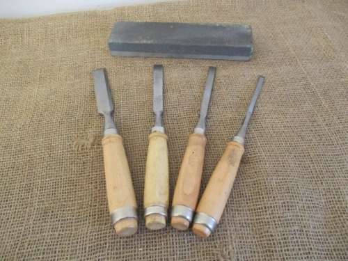 For BenBoo Bid Only - Nice Set Of Four Carpenter Woodworking Chisels Together With An Oilstone
