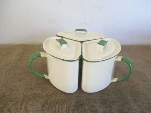 For Only Antiques Bid Only - Rare Vintage Set Of Old Fashioned Enamel Triangular Pots