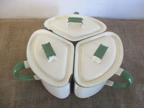 For Only Antiques Bid Only - Rare Vintage Set Of Old Fashioned Enamel Triangular Pots
