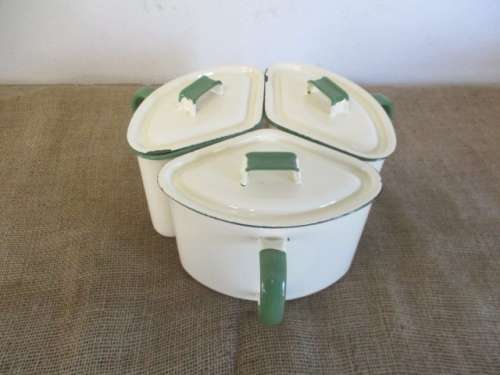 For Only Antiques Bid Only - Rare Vintage Set Of Old Fashioned Enamel Triangular Pots