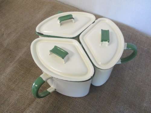 For Only Antiques Bid Only - Rare Vintage Set Of Old Fashioned Enamel Triangular Pots