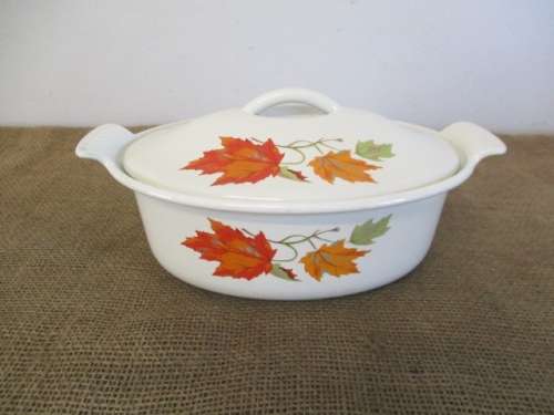 Rare-Brilliant Vintage Belgium Descoware FE 77 A Maple Leaf Lidded Enameled Cast Iron Oval Casserole