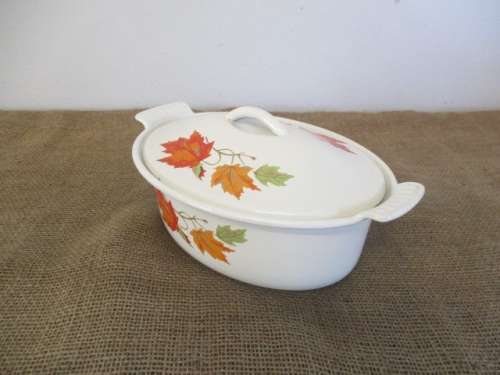 Rare-Brilliant Vintage Belgium Descoware FE 77 A Maple Leaf Lidded Enameled Cast Iron Oval Casserole