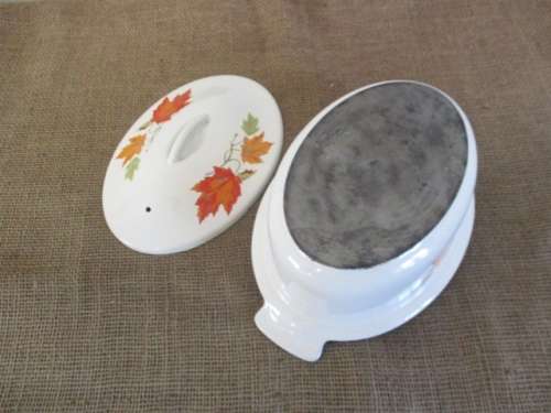 Rare-Brilliant Vintage Belgium Descoware FE 77 A Maple Leaf Lidded Enameled Cast Iron Oval Casserole