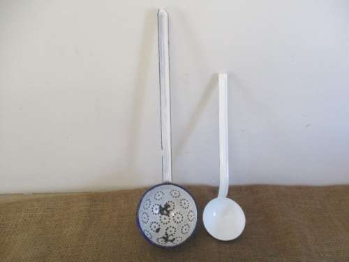 Large Vintage Enamel Strainer & Smaller Vintage Enamel Soup Ladle