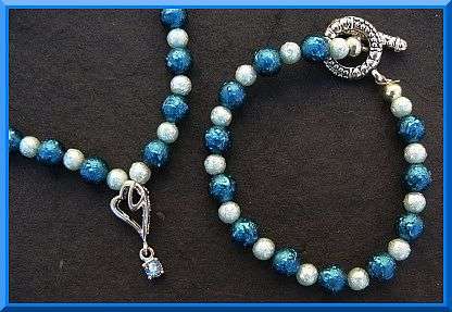 Teal and Light Blue Necklace with a Crystal Heart Pendant and matching Bracelet